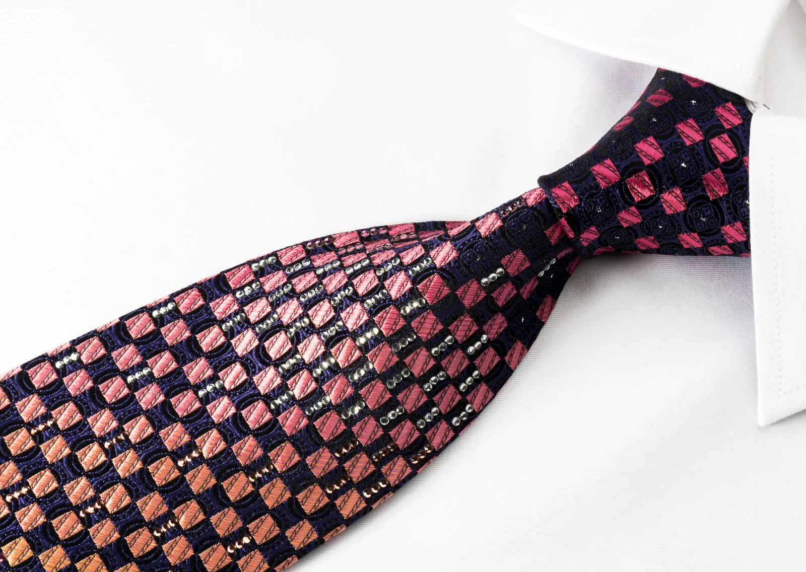 Yezak Silk Rhinestone Necktie Orange Pink Checker On Blue With Silver Sparkles