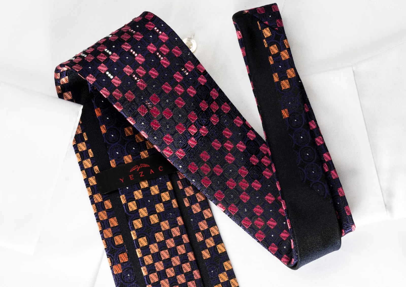 Yezak Silk Rhinestone Necktie Orange Pink Checker On Blue With Silver Sparkles