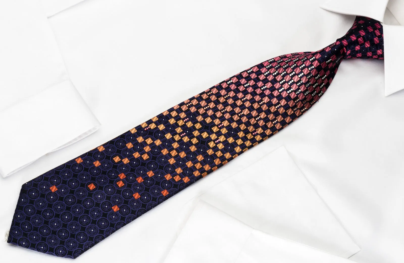 Yezak Silk Rhinestone Necktie Orange Pink Checker On Blue With Silver Sparkles